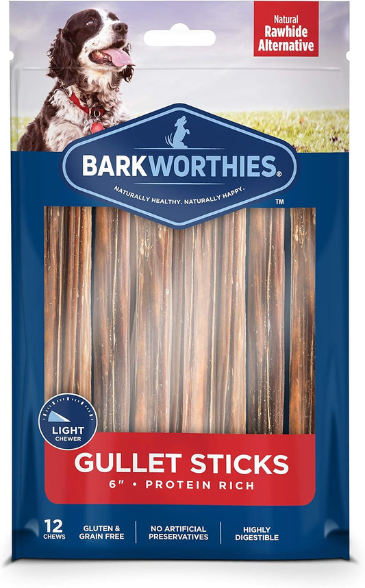 Barkworthies 6 Inch Beef Gullet Sticks - 12 Count (Pack of 1) - Protein-Packed, Supports Dental Health, Quick Hollow Snack, Great for Older Canines or Teething Puppies