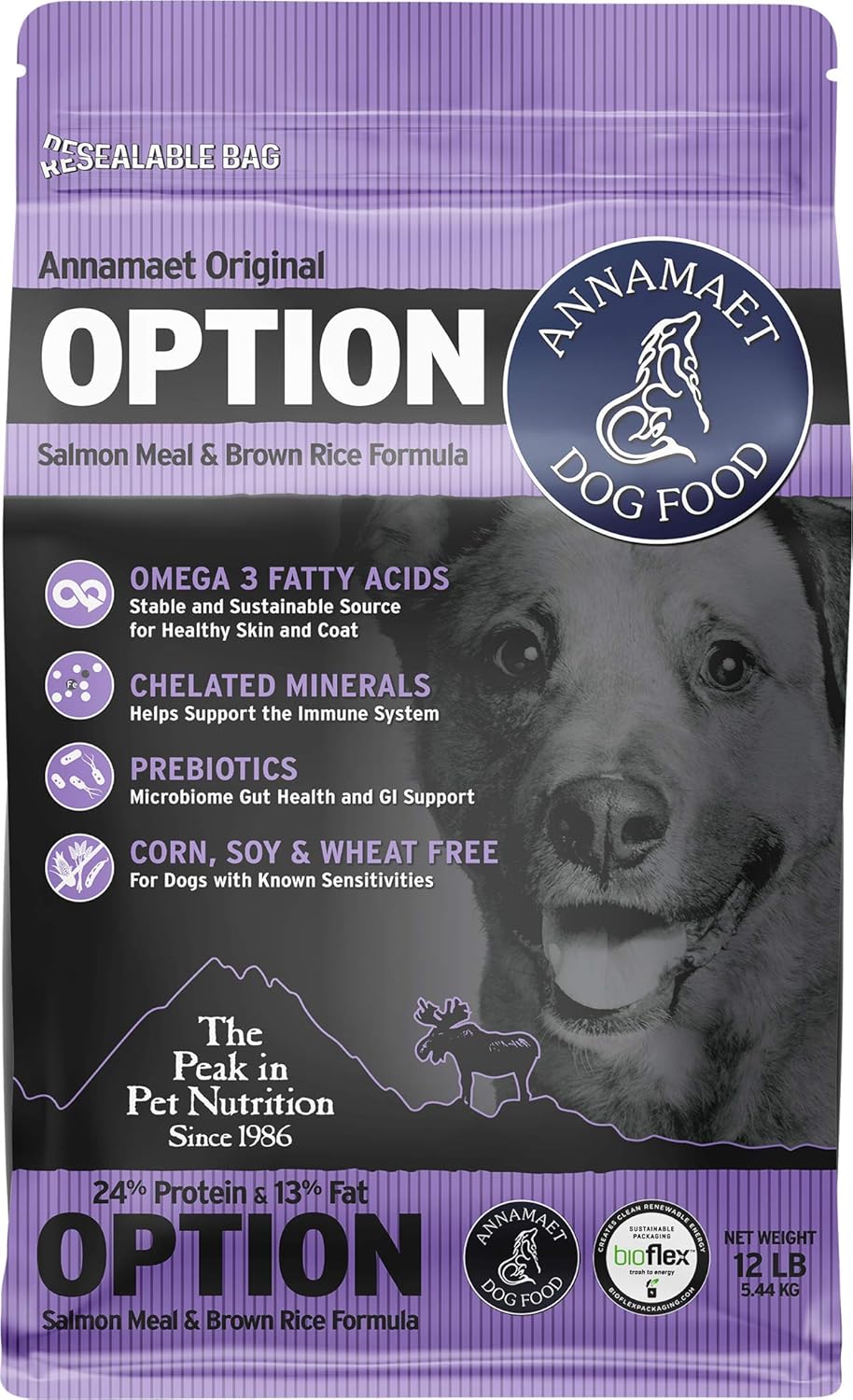 Annamaet Original Option Formula Dry Dog Food, 24% Protein (Salmon & Brown Rice), 12-lb Bag