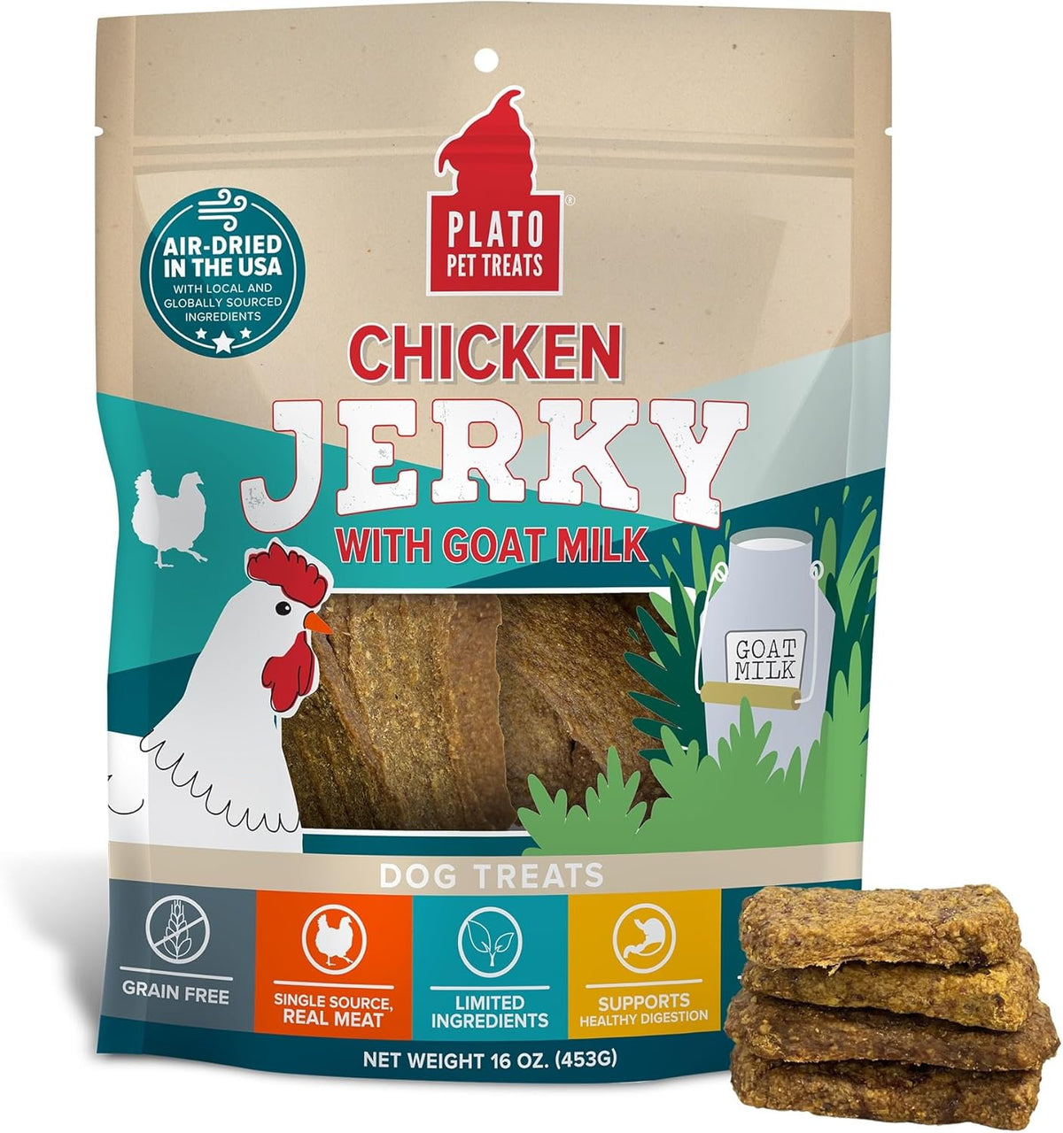 PLATO Pet Treats Dog Treats - Air-Dried Jerky - Delicious, Real Meat - Grain Free - Supports Healthy Digestion - Chicken with Goat Milk