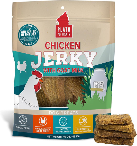 PLATO Pet Treats Dog Treats - Air-Dried Jerky - Delicious, Real Meat - Grain Free - Supports Healthy Digestion - Chicken with Goat Milk