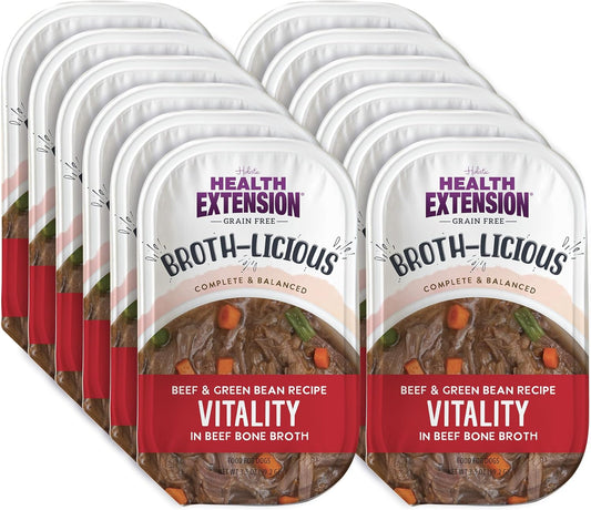Health Extension Broth-Licious Vitality Beef & Green Bean in Bone Broth for Dogs, 3.5 oz Cup – Grain-Free, Ready-to-Serve, Boosts Energy & Immunity (12-Cup Box)