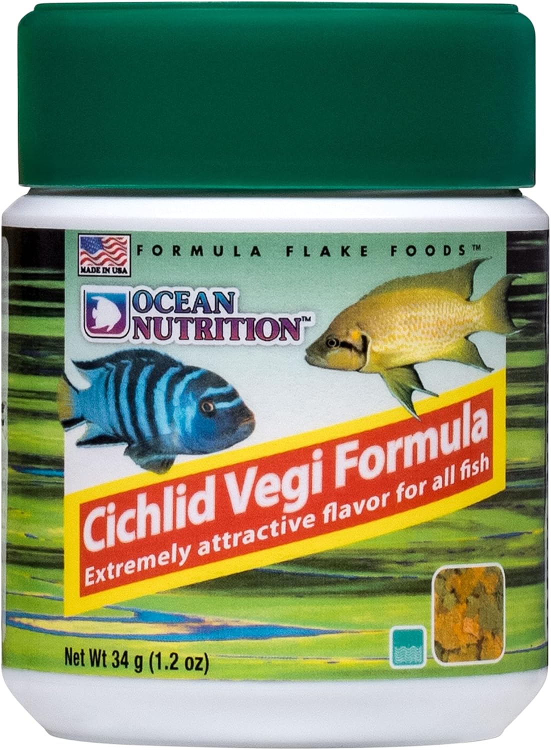 Ocean Nutrition Cichlid Vegi Formula Flake Fish Food - Natural Ingredient Fish Food Flakes for All Fish - Supports Health & Coloration, Does Not Cloud Water, Made in USA, 1.2 oz (34 g)