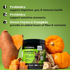 Pet Honesty Probiotics for Dogs, Dog Probiotics for Digestion Support, Digestive Enzymes Promotes Gut Health & Prebiotics for Immunity Health & Itch Relief, (Pumpkin 90 ct)