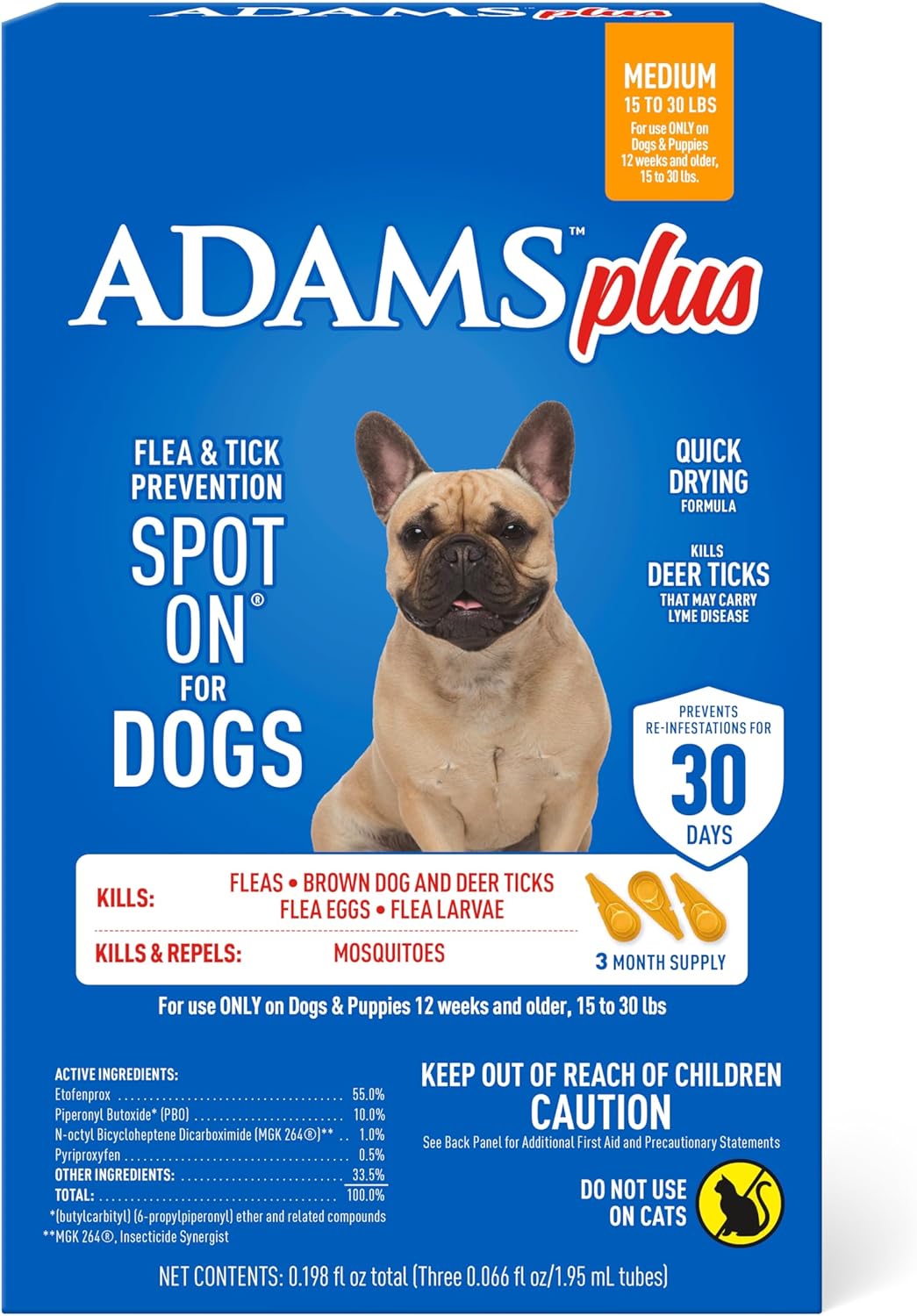 Plus Flea & Tick Prevention Spot On for Dogs ; 12 Weeks & Older, 3-Month Supply, Kills Fleas, Flea Eggs, Flea Larvae & Brown Dog & Deer Ticks, Kills & Repels Mosquitoes for 30 Days