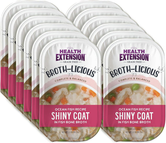 Health Extension Broth-Licious Shiny Coat Ocean Fish in Bone Broth for Dogs, 3.5 oz Cup – Grain-Free, Ready-to-Serve, Promotes Healthy Skin & Shiny Coat (12-Cup Box)