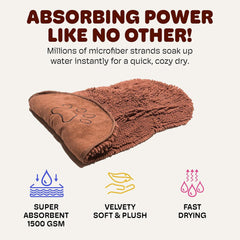 Dog Gone Smart The Dirty Dog Shammy - Fast Drying Plush Shammy Towel with Dual Hand Pockets and Elastic - Super Absorbent Microfiber and Machine Washable - Brown
