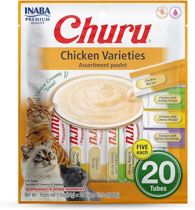 INABA Churu Cat Treats, Grain-Free, Lickable, Squeezable Creamy Purée Cat Treat/Topper with Vitamin E & Taurine, 0.5 Ounces Each Tube, Total/Two Flavors, Chicken Variety