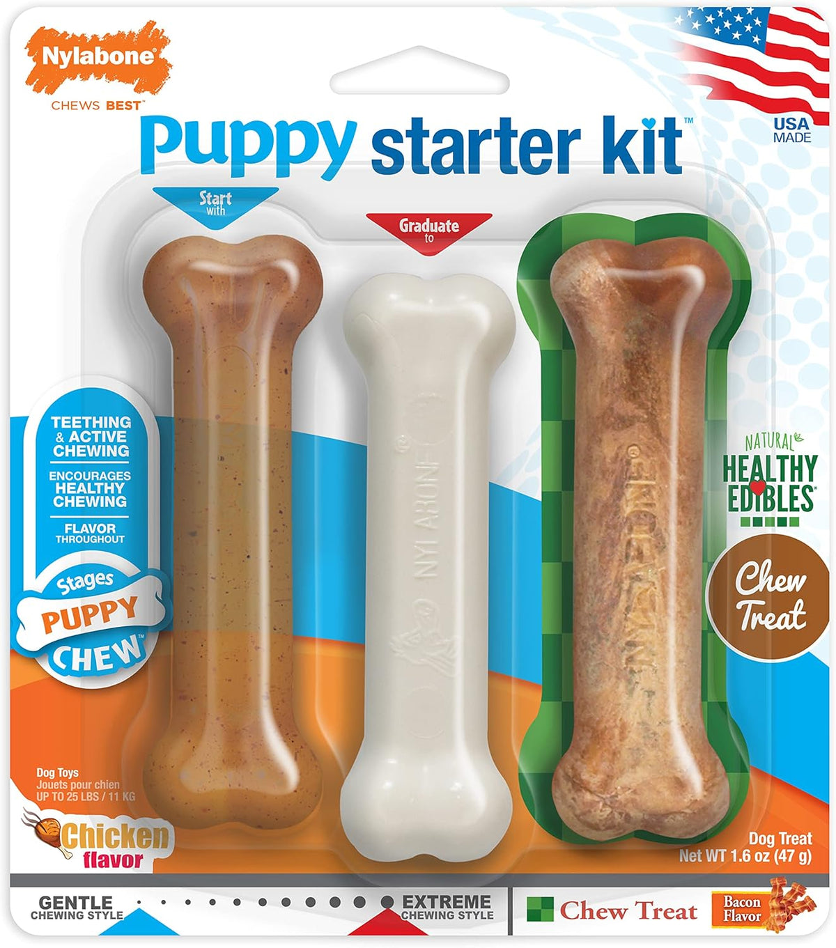 Nylabone New Puppy Starter Kit, 2 Chew Toys and 1 Natural Treat for Puppies, Bacon & Chicken Flavor
