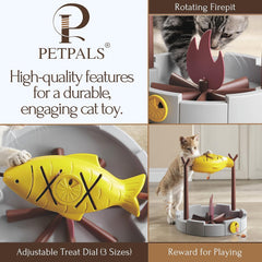 PetPals 11" High Cats Treat-Dispensing Slow Feeder,Pets Dry Food Dispenser,Cats Slow Feeding Snack Bowl, Grilled Fish Spinning Toy, Food Puzzle Cat Toy