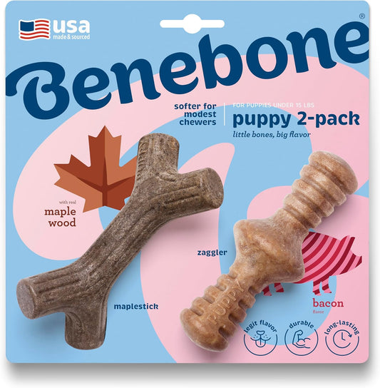 Benebone Puppy 2-Pack Maplestick/Zaggler Durable Dog Chew Toys for Gentle Chewers, Real Bacon, Real Maplewood, Made in USA, Tiny