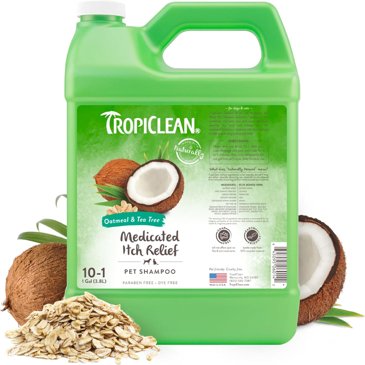 TropiClean Oatmeal Dog Shampoo for Itchy Skin Relief, Professional Dog Shampoo, Soothing Medicated Itch Relief, Puppy Safe 1 gal