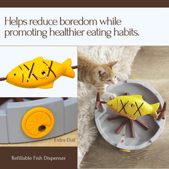 PetPals 11" High Cats Treat-Dispensing Slow Feeder,Pets Dry Food Dispenser,Cats Slow Feeding Snack Bowl, Grilled Fish Spinning Toy, Food Puzzle Cat Toy