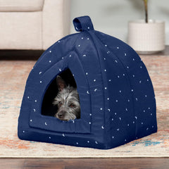 Furhaven Cat Bed Cave for Indoor Cats & Small Dogs, Washable & Foldable w/ Removable Cushion - Polycanvas Print Pet Tent - Night Sky, Small