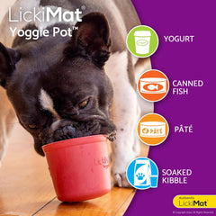 LICKIMAT Yoggie Pot - Distraction, Fun and Enrichment. Long Lasting Rubber Licking Treat Dispenser for All Dog Sizes and Slow Feeder for Small Dogs - Red