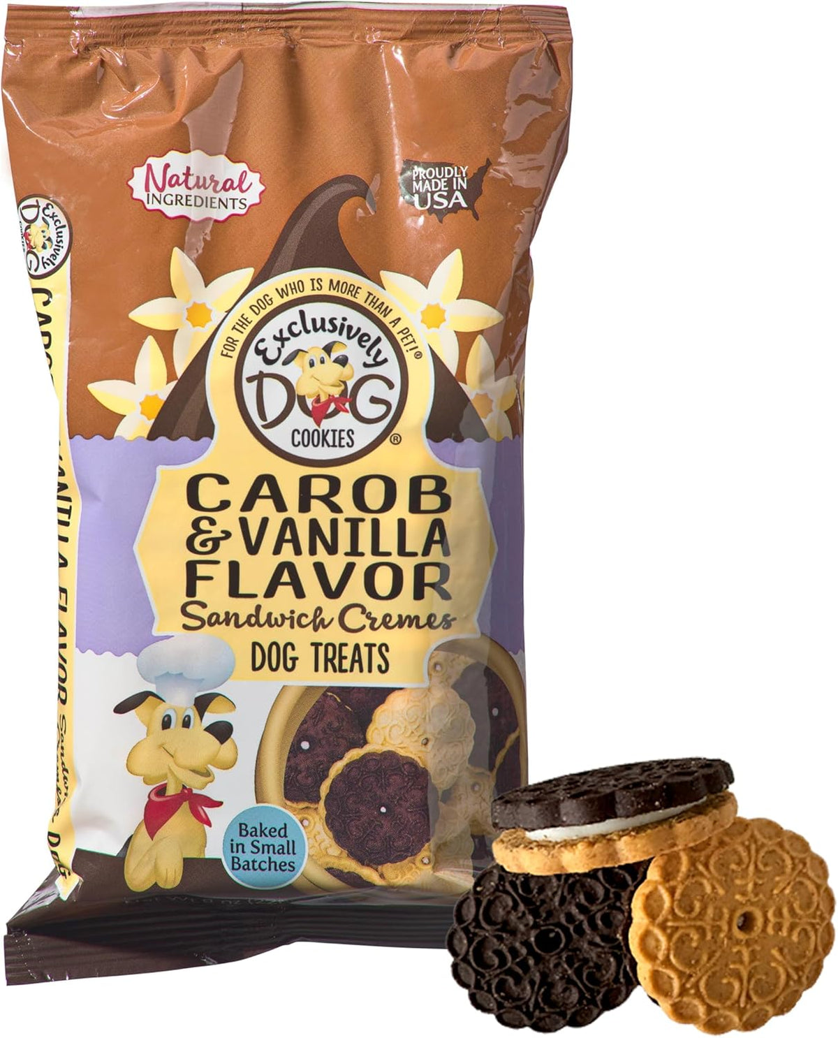 Exclusively Dog Carob & Vanilla Sandwich Cremes Cookies - All Natural Dog Treats, No Animal Byproducts, Baked in The USA, Ideal for Medium to Large Dogs - Vanilla and Carob Flavor, 8oz Bag