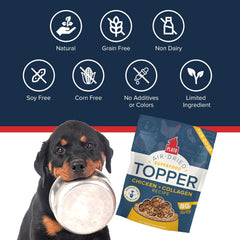 PLATO Pet Treats Dog Food Toppers - Air-Dried Dog Food Toppers for Dry Food - with Collagen to Support Skin and Coat Health - Chicken and Collagen Recipe