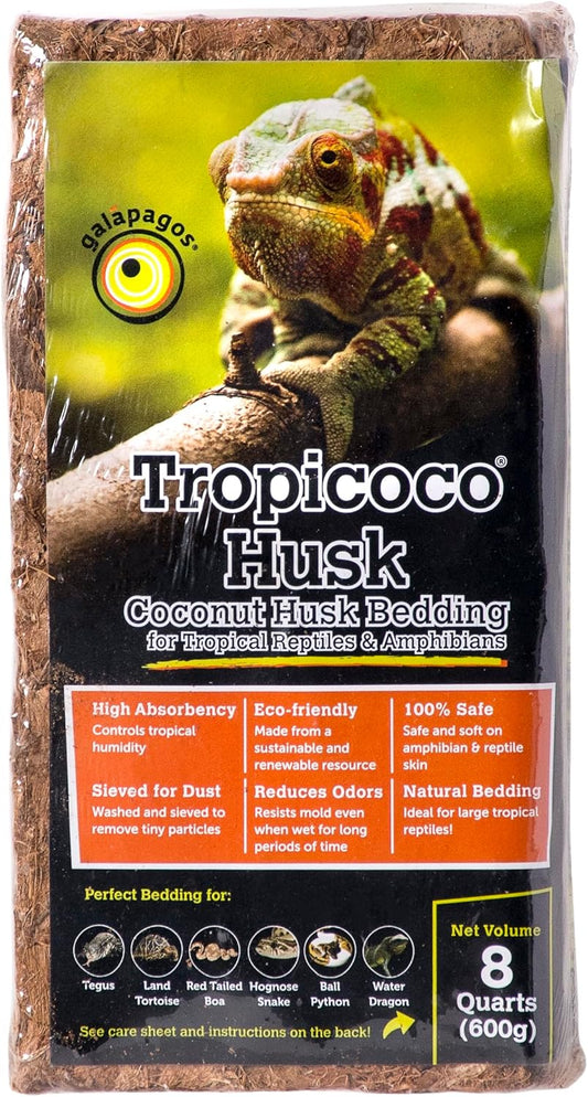 Galápagos Tropicoco® Husk Bedding for Reptiles, Amphibians, & Terrariums High Absorbency, Eco-Friendly, Dust-Free Perfect for Water Dragons, Tortoises, Snakes, & More, 8QT Compressed Brick