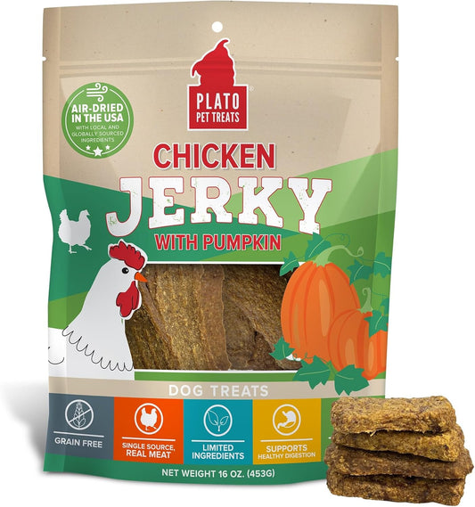 PLATO Pet Treats Dog Treats - Air-Dried Jerky for Dogs - Delicious, Real Meat Dog Treats - Grain Free - Supports Healthy Digestion - Chicken Jerky with Pumpkin