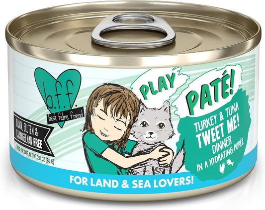 Weruva B.F.F. Play - Best Feline Friend Paté Lovers, Aw Yeah!, Turkey & Tuna Tweet Me! with Turkey & Tuna 2.8-oz(Pack of 12)