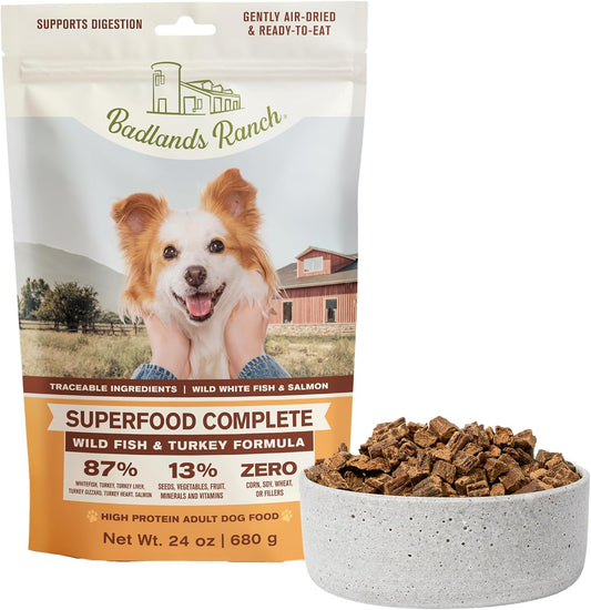 BADLANDS RANCH- Superfood Complete, Air-Dried Adult Dog Food - High Protein, Zero Fillers, Superfood Nutrition by Katherine Heigl (Wild Fish and Turkey Formula)