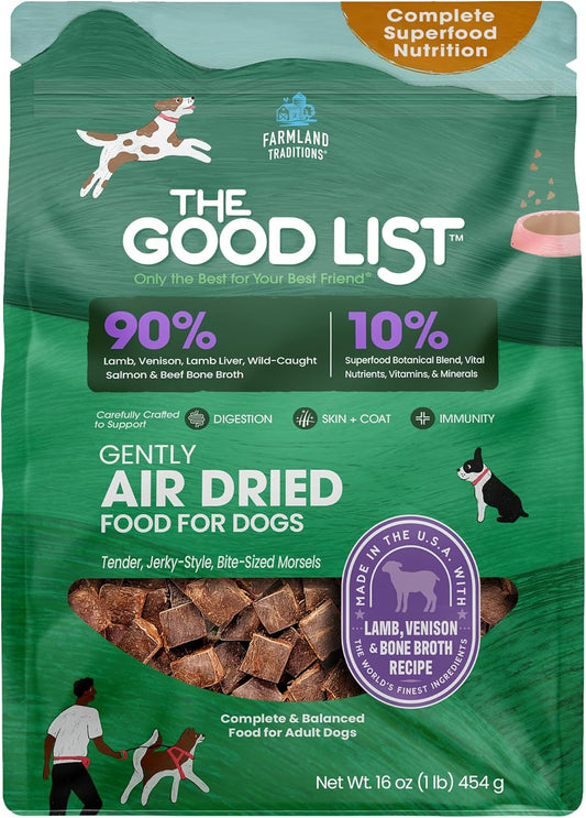 Farmland Traditions The Good List Air-Dried Dog Food, Premium Lamb, Venison, & Bone Broth for Dogs, Protein Rich & Grain-Free Nutrition