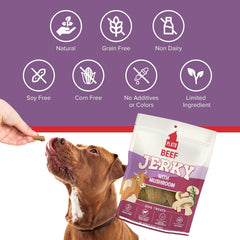 PLATO Pet Treats Jerky Dog Treats - Air-Dried Beef Jerky with Mushroom - Grain Free, High Protein