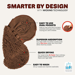 Dog Gone Smart The Dirty Dog Shammy - Fast Drying Plush Shammy Towel with Dual Hand Pockets and Elastic - Super Absorbent Microfiber and Machine Washable - Brown