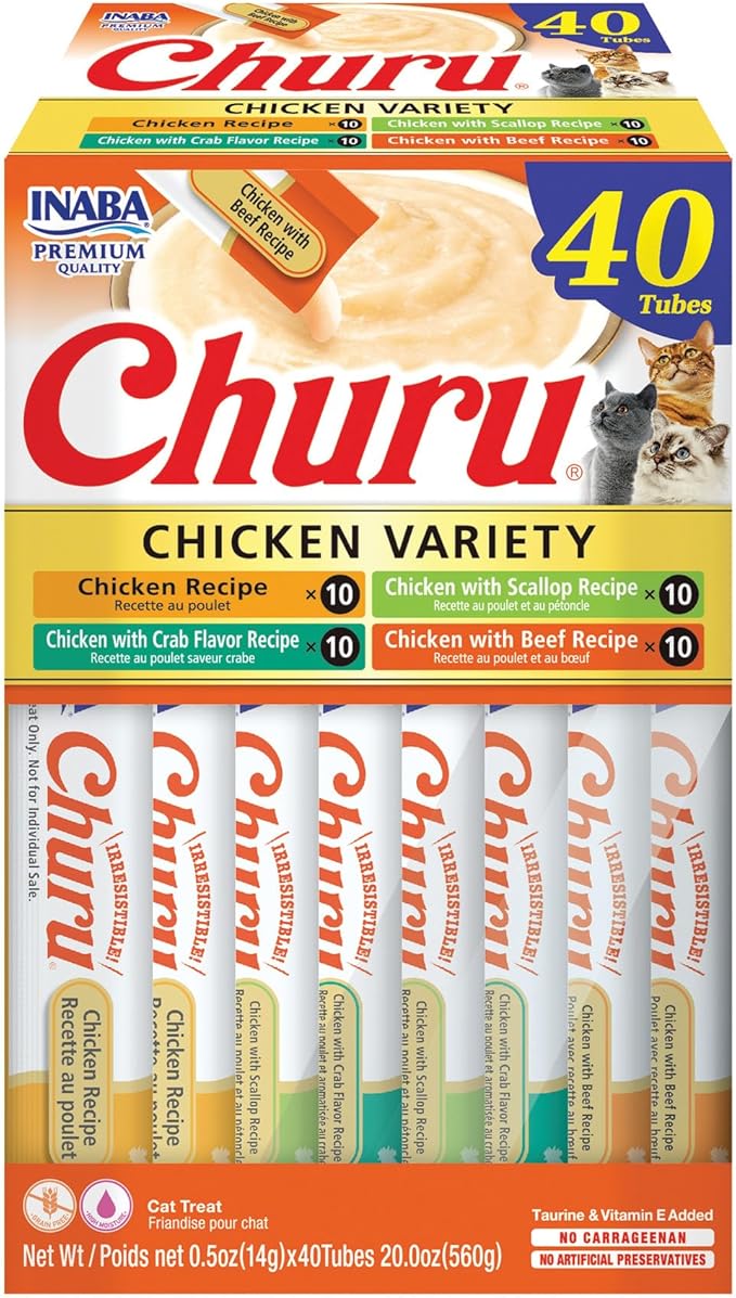 INABA Churu Cat Treats, Grain-Free, Lickable, Squeezable Creamy Purée Cat Treat/Topper with Vitamin E & Taurine, 0.5 Ounces Each Tube, Total/Two Flavors, Chicken Variety