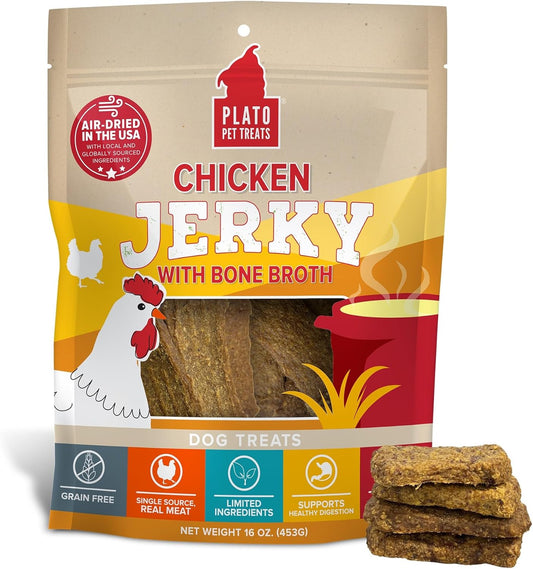 PLATO Pet Treats Jerky Dog Treats - Air-Dried Jerky for Dogs - Delicious, Real Meat Dog Treats - Grain Free - Supports Healthy Digestion - Chicken Jerky with Bone Broth