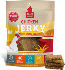 PLATO Pet Treats Jerky Dog Treats - Air-Dried Jerky for Dogs - Delicious, Real Meat Dog Treats - Grain Free - Supports Healthy Digestion - Chicken Jerky with Bone Broth