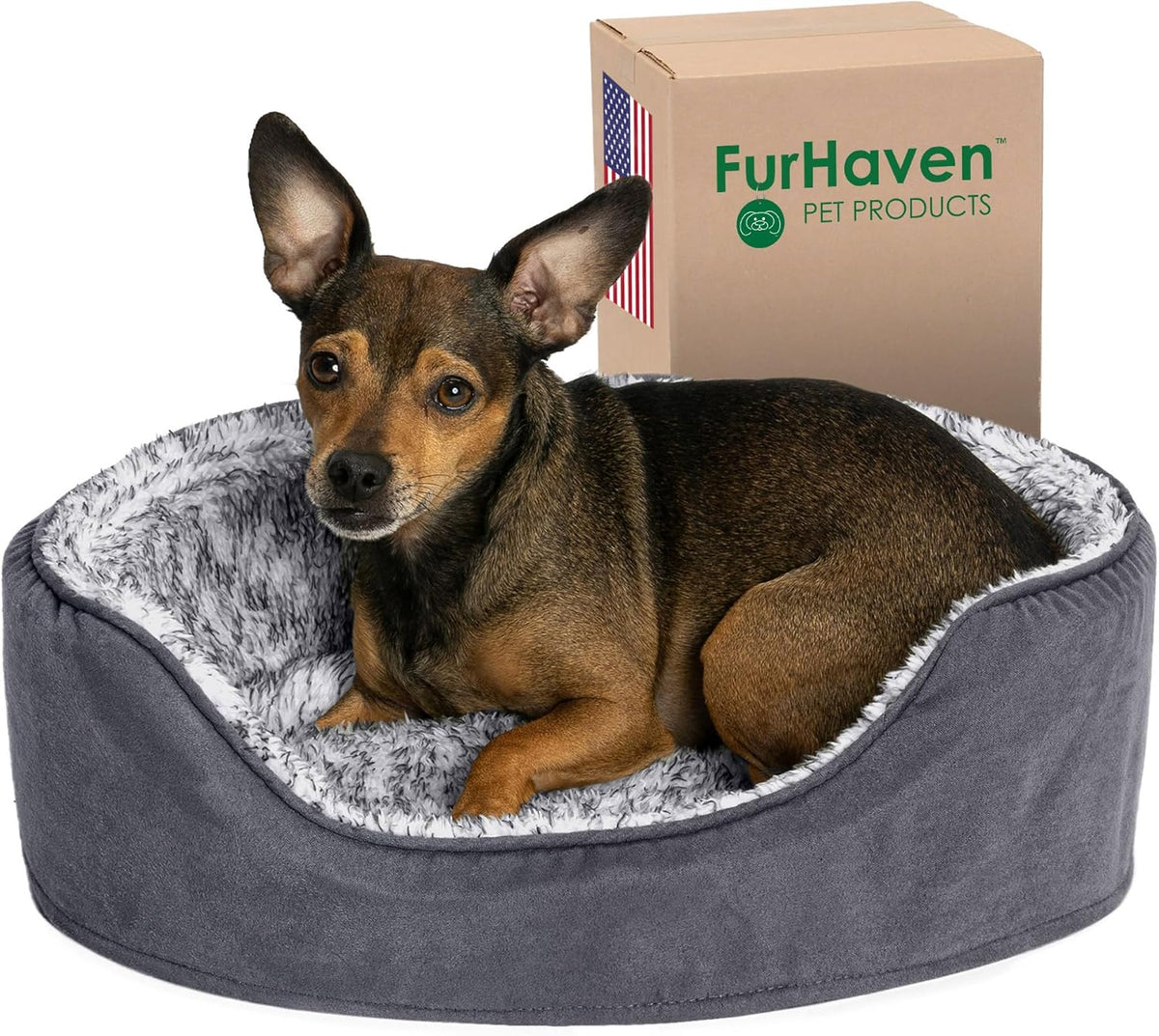 Furhaven Dog Bed for Small Dogs w/ Removable Washable Cover & Pillow Cushion Insert, For Dogs Up to 12 lbs - Two-Tone Faux Fur & Suede Oval Lounger - Gray, Small