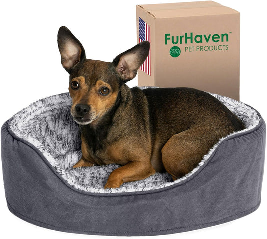 Furhaven Dog Bed for Small Dogs w/ Removable Washable Cover & Pillow Cushion Insert, For Dogs Up to 12 lbs - Two-Tone Faux Fur & Suede Oval Lounger - Gray, Small