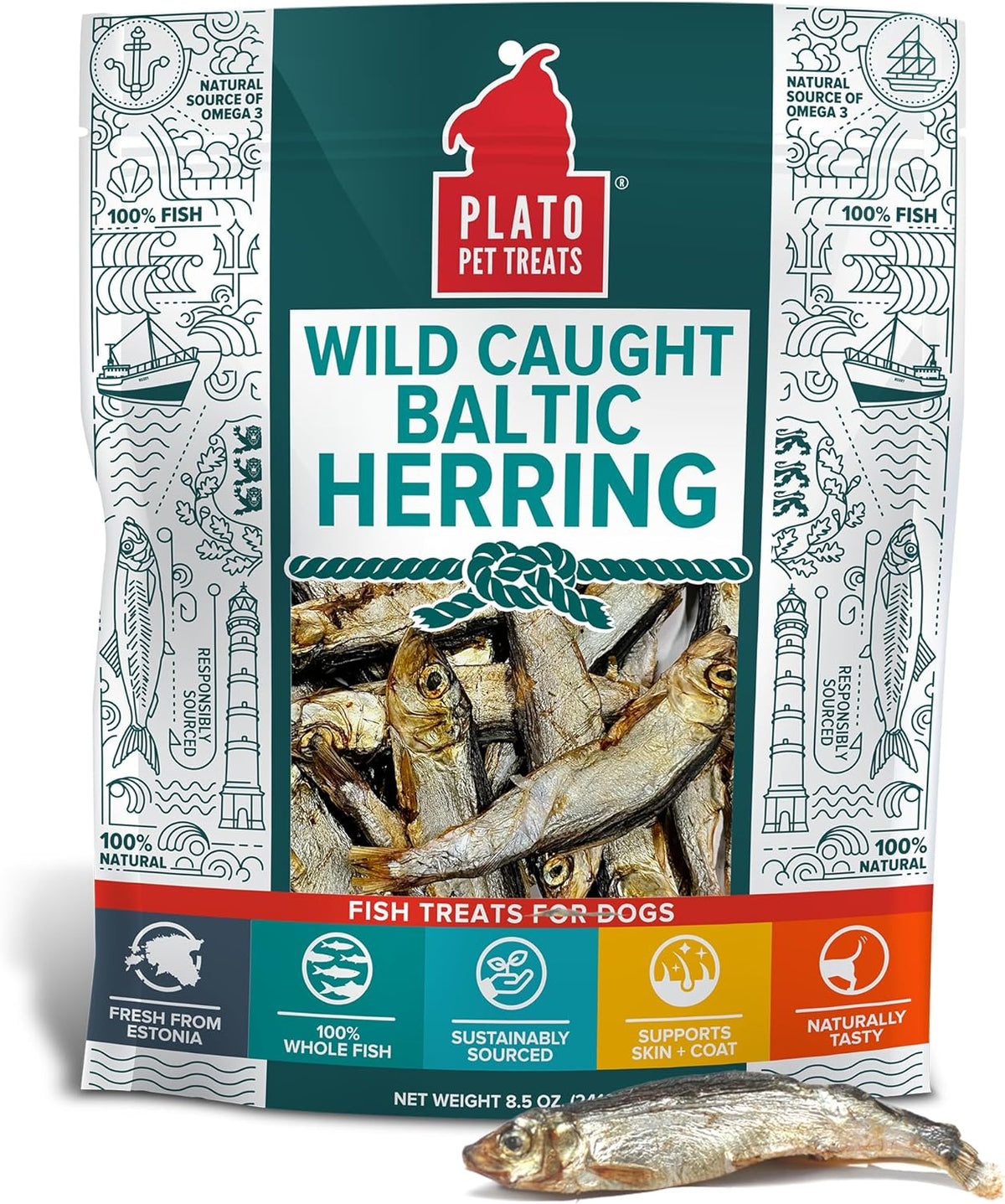 PLATO Pet Treats Fish Dog Treats - Air-Dried, Single Ingredient Dog Treat - with Omega 3 & 6 Fatty Acids to Support Skin and Coat - 100% Whole Fish - Wild Caught Baltic Herring Dog Treats