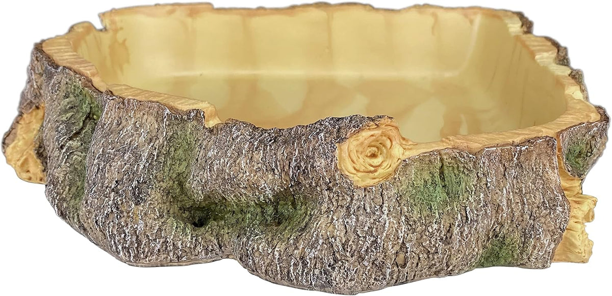 Komodo Polyresin Wood Corner Bowl Large Food & Water Dish | Realistic Tree Trunk Design | Non-Porous Interior is Easy to Clean | Corner Design Saves Space in Tank