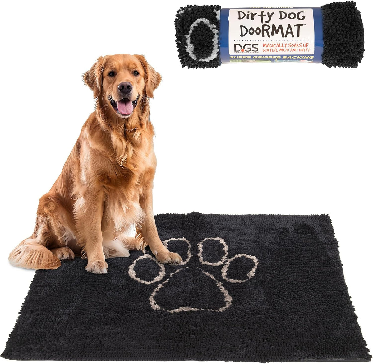 Dog Gone Smart Dirty Dog Doormat - Fast Drying Rug with Super Gripper Backing for Clean Floors - Super Absorbent and Machine Washable Mat for Muddy Paws - Black Hue