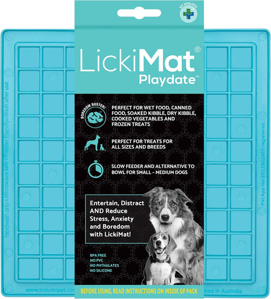 LickiMat Classic Playdate Slow Feeder for Dogs Lick Mat Boredom Anxiety Reducer Perfect for Food Treats Yogurt Liquid Food Peanut Butter Fun Alternative to a Slow Feed Dog Bowl, Turquoise
