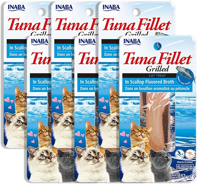 INABA Premium Hand-Cut Grilled Tuna Fillet Cat Treats/Topper with Vitamin E and Green Tea Extract, 0.52 Ounces Each, Pack of 6, Scallop Broth