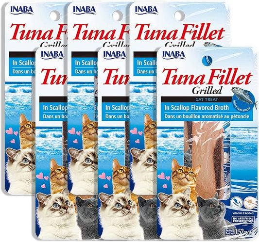 INABA Premium Hand-Cut Grilled Tuna Fillet Cat Treats/Topper with Vitamin E and Green Tea Extract, 0.52 Ounces Each, Pack of 6, Scallop Broth