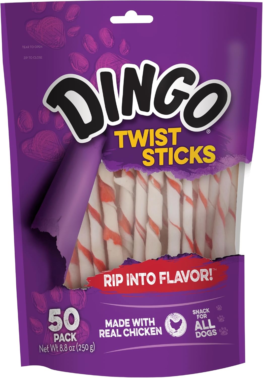 Dingo Twist Sticks 50 Count, Premium Rawhide Treats For Dogs Made with Real Chicken 50-Count