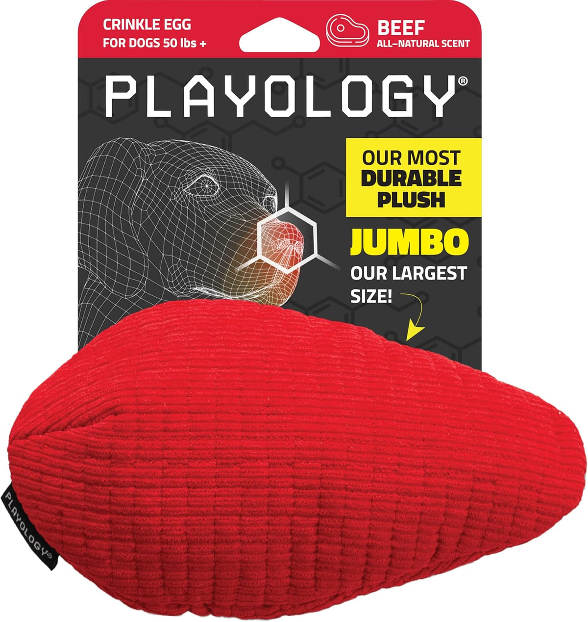 Playology Plush Crinkle Dog Toy -Crinkle Egg - Beef Scented Dog Toy, Engaging, All-Natural, and Interactive Non-Toxic Chew Toys