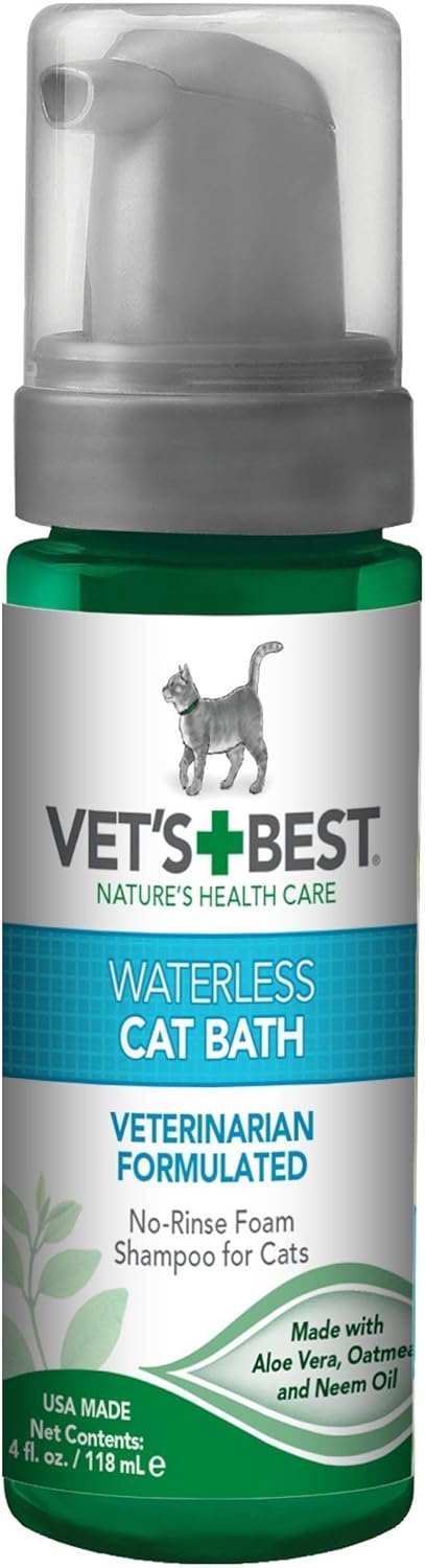 HERO PET Vet's Best Waterless Cat Shampoo – No Rinse Dry Shampoo for Cats and Kittens – Gentle Foam Formula for Cleaning and Deodorizing – Leave-In, Veterinarian Formulated – 4 oz