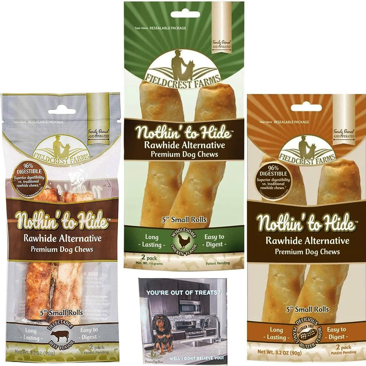 Fieldcrest Farms Nothing to Hide Natural Rawhide Alternative Rolls for Dogs - 3 Pack Bundle (Chicken, Beef, Peanut Butter) Premium Grade Easily Digestible Chews - Great for Dental Health