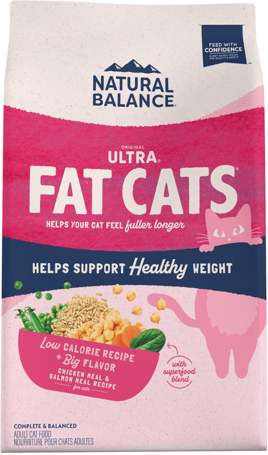 Natural Balance Fat Cats Low-Calorie Dry Cat Food for Overweight Adult Cats, Chicken Meal, Salmon Meal, Garbanzo Beans, Peas & Oat Groats Recipe, 15 Pound (Pack of 1)
