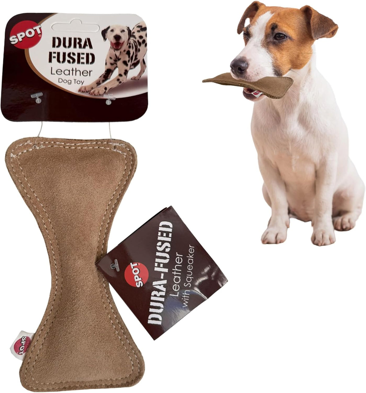 SPOT Dura-Fused Leather Bone - Dog Toy with Squeaker, Made With Real Leather and Jute Fabric, Interactive Toy for Aggressive Chewers, Durable Squeaky Toy for Dogs and Puppies, Small - 7in