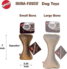 SPOT Dura-Fused Leather Bone - Dog Toy with Squeaker, Made With Real Leather and Jute Fabric, Interactive Toy for Aggressive Chewers, Durable Squeaky Toy for Dogs and Puppies, Small - 7in