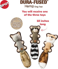 SPOT Dura-Fused Hemp Friends - Dog Toy Made with Hemp Material, Fused with Tricot for Durablity, with Furry Plush Tail and Squeaker, Great for Light to Moderate Chewers - 18" Assorted Styles