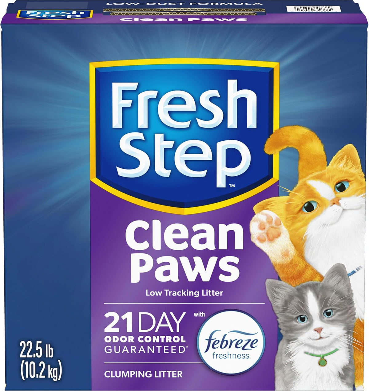 Fresh Step Clean Paws Cat Litter With Febreze Freshness, Multi-Cat Low-Tracking Clumping Litter With Guaranteed Odor Control, 22.5 lb. Box