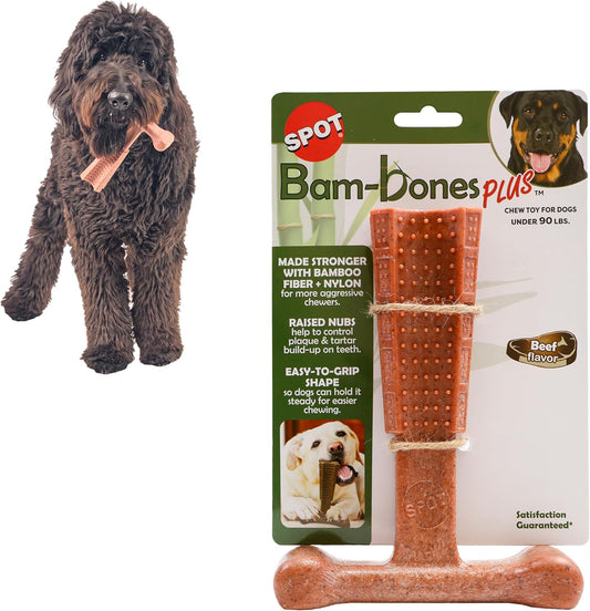 SPOT Bam-Bones Plus T Bone - Bamboo Fiber & Nylon, Durable Long Lasting Dog Chew for Aggressive Chewers – Great Toy for Adult Dogs & Teething Puppies Under 90lbs, Non-Splintering, 7in, Beef Flavor