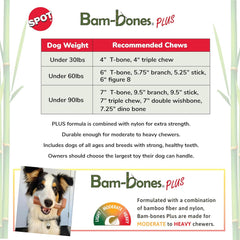 SPOT Bam-Bones Plus T Bone - Bamboo Fiber & Nylon, Durable Long Lasting Dog Chew for Aggressive Chewers – Great Toy for Adult Dogs & Teething Puppies Under 90lbs, Non-Splintering, 7in, Beef Flavor