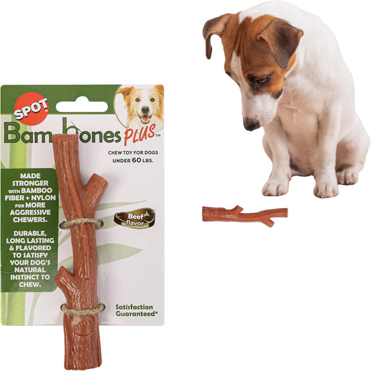 SPOT Bam-bones PLUS Branch -Bamboo Fiber & Nylon, Durable Long Lasting Dog Chew for Aggressive Chewers – Great Toy for Adult Dogs & Teething Puppies under 60lbs, Non-Splintering, Beef Flavor